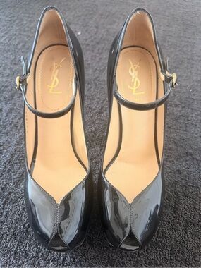 Yves Saint Laurent Black Patent Mary Jane Peep-Toe Heels